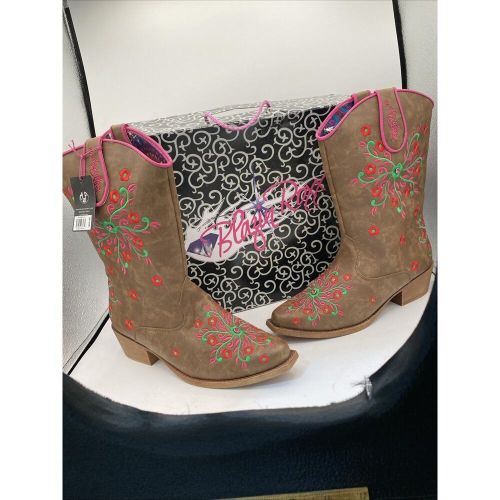 Blazin Roxx Youth Sz 6 Pink Floral Brown Snip Toe Western Cowboy Boots